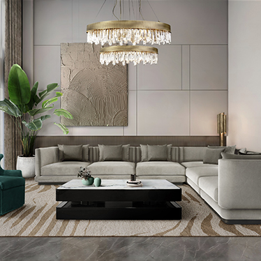 ORLEANS Modular Sofa, DUKONO Swivel Armchair, CYRUS Floor Light, NAICCA Suspension Light
